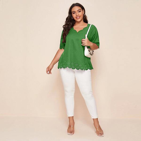 

Plus Laser Cut Scallop Trim Blouse, Green
