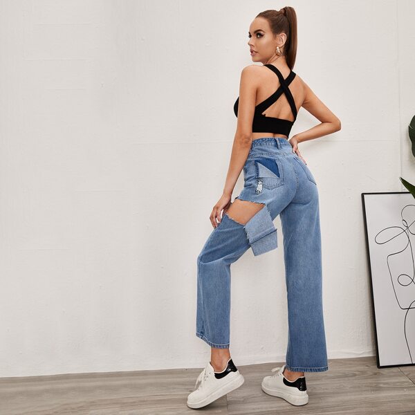 

High Waist Ripped Straight Jeans, Light wash