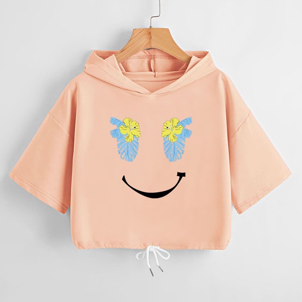 

Floral Print Drawstring Hem Crop Hoodie, Orange