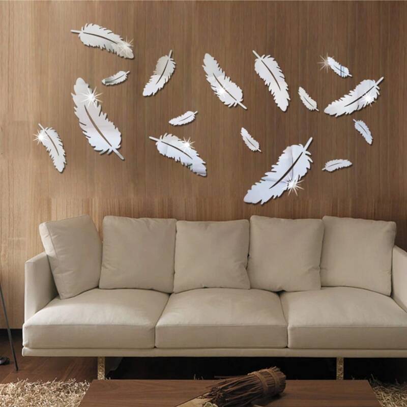 

8pcs Random Feather Mirror Surface Wall Sticker, Silver