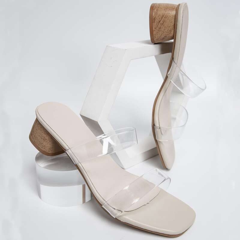 

Clear Strap Chunky Heeled Mules, Beige