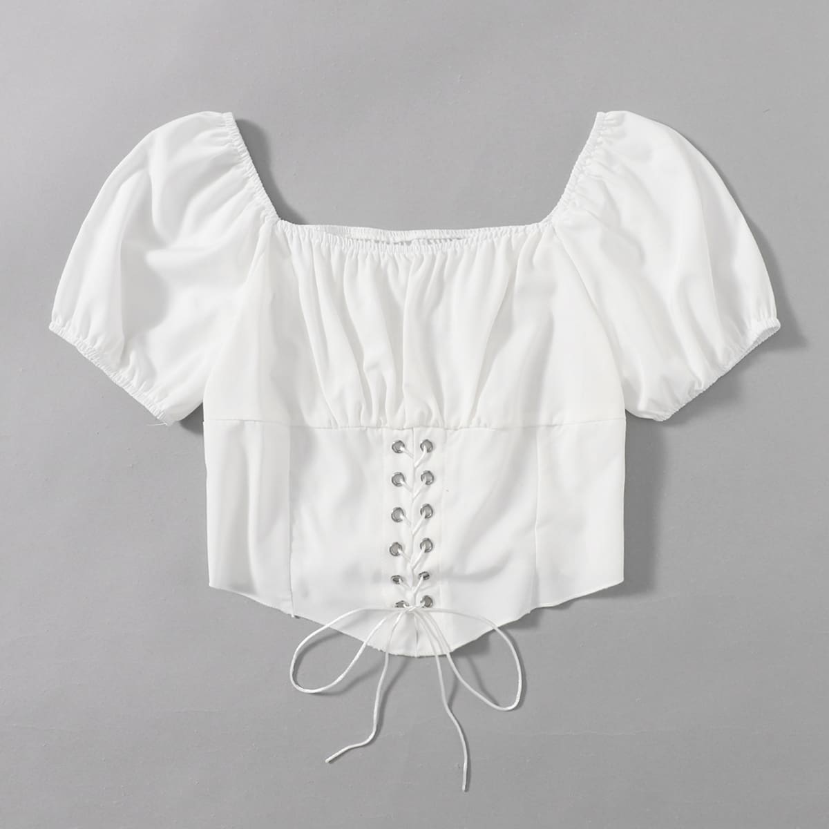 

Solid Lace Up Ruched Bust Top, White