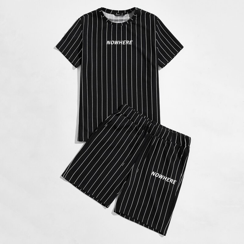 

Guys Letter Graphic Striped Top & Shorts Set, Black