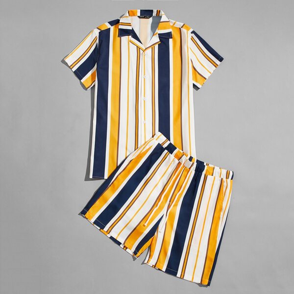 

Men Lapel Collar Striped Colorblock Top & Shorts Set, Multicolor