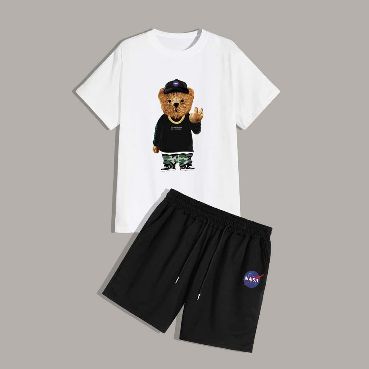 

Guys Cartoon Bear Graphic Tee & Shorts, Black and white