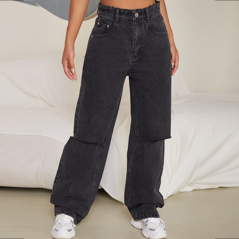 

High Waist Ripped Wide Leg Jeans, Black