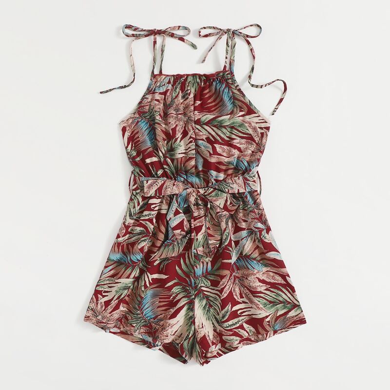 

Leaf Graphic Belted Cami Romper, Multicolor
