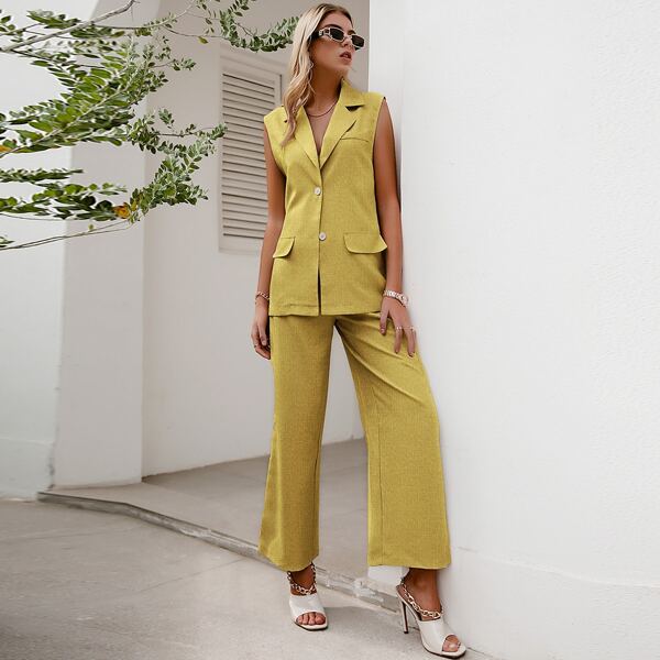 

Notched Collar Flap Detail Vest Blazer & Pants Set, Mustard yellow