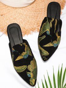 Pantofi plati la modă de damă cu broderie de păsări, stil mules