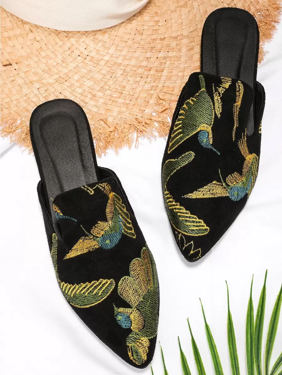 Pantofi plati la modă de damă cu broderie de păsări, stil mules