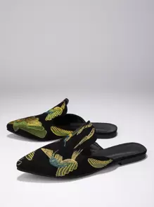 Pantofi plati la modă de damă cu broderie de păsări, stil mules