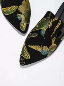 Pantofi plati la modă de damă cu broderie de păsări, stil mules