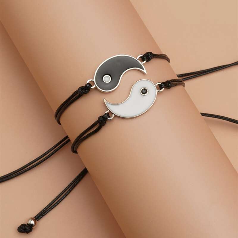 

2pcs Yin & Yang Rope Bracelet, Black and white
