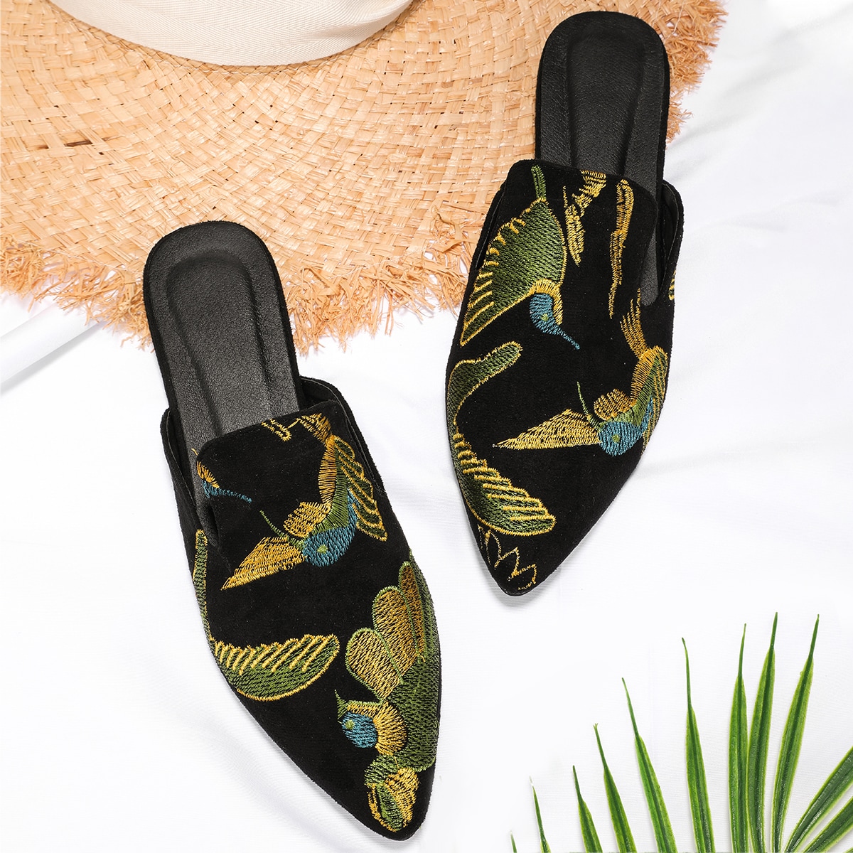 Zapatos planos de mujer de moda para otoño/invierno con bordado de pájaros, estilo de zuecos