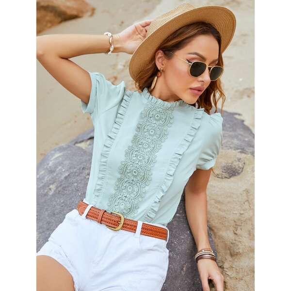 

Contrast Guipure Lace Frill Trim Blouse, Green