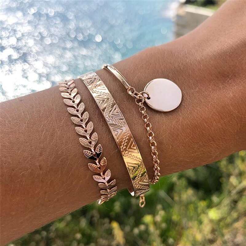 

3pcs Leaf Decor Bracelet, Gold