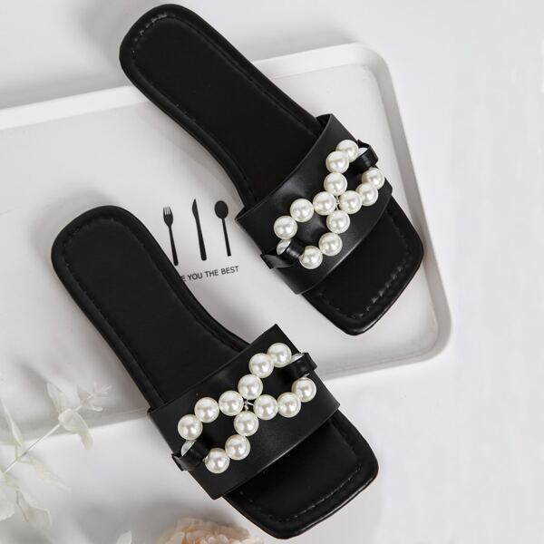 

Faux Pearl Decor Slide Sandals, Black