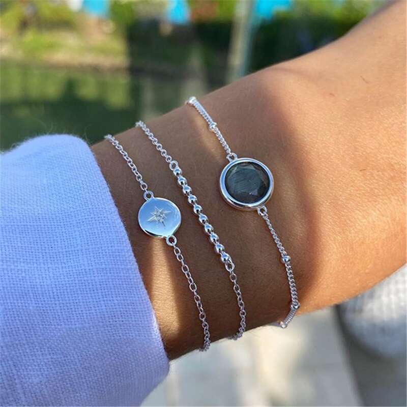 

3pcs Gemstone Decor Bracelet, Silver