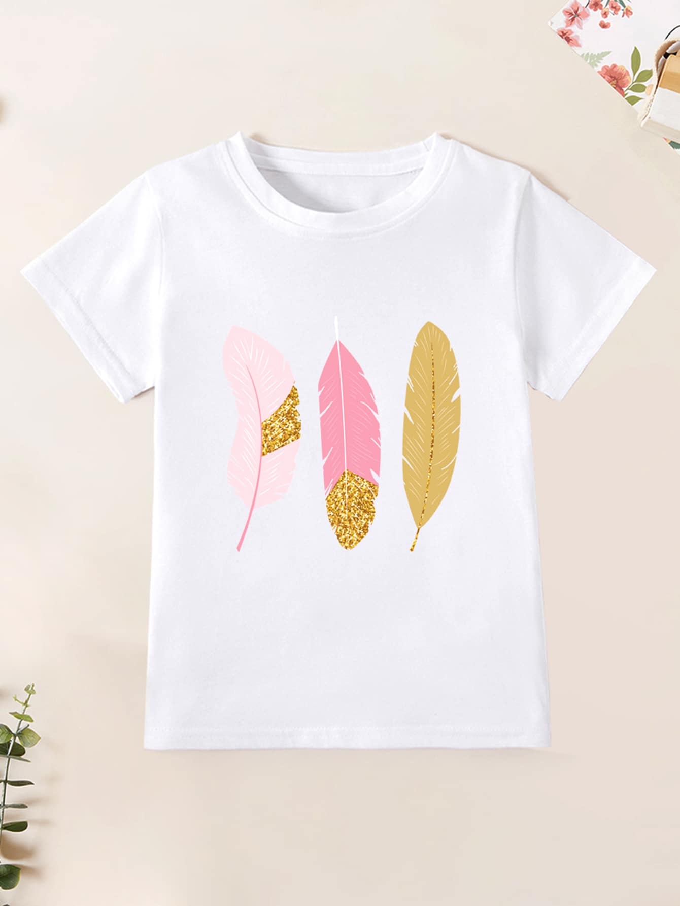 Girls Feather Print Short Sleeve Tee