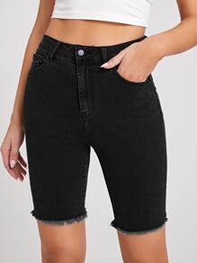 SHEIN Essnce 斜口袋捲邊下擺牛仔短褲 - 黑色 - 查看 2