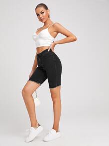 SHEIN Essnce 斜口袋捲邊下擺牛仔短褲 - 黑色 - 查看 3