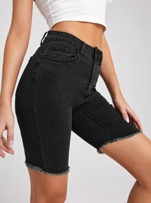 SHEIN Essnce 斜口袋捲邊下擺牛仔短褲 - 黑色 - 查看 5