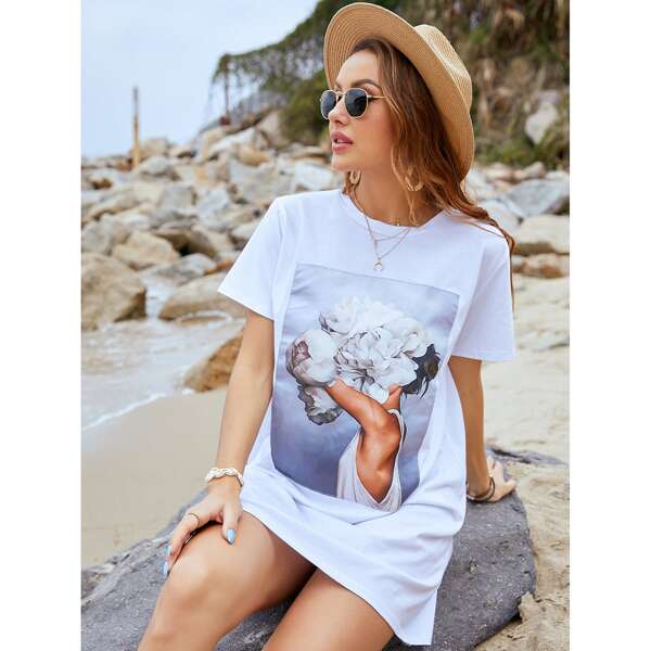 

Figure & Floral Tee Dress, White