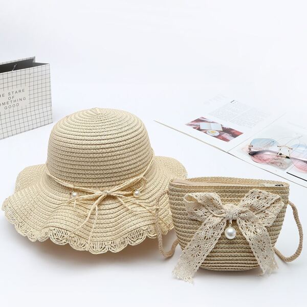 

Girls Bow Decor Straw Bag With Hat, Beige