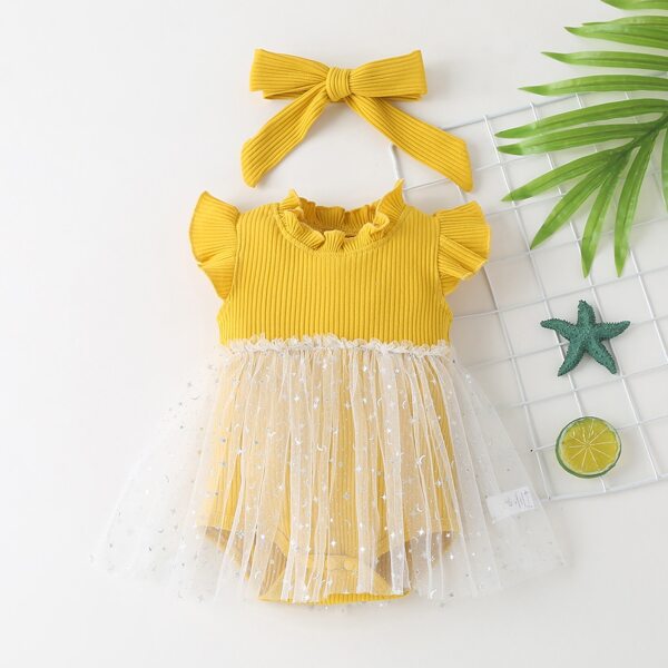 

Baby Girl Mesh Panel Ruffle Trim Bodysuit & Headband, Yellow