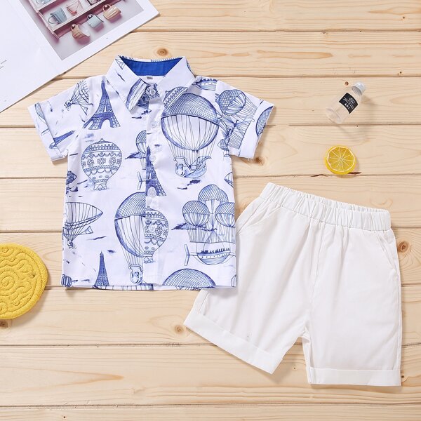 

Toddler Boys Tower Print Shirt With Shorts, Blue and white