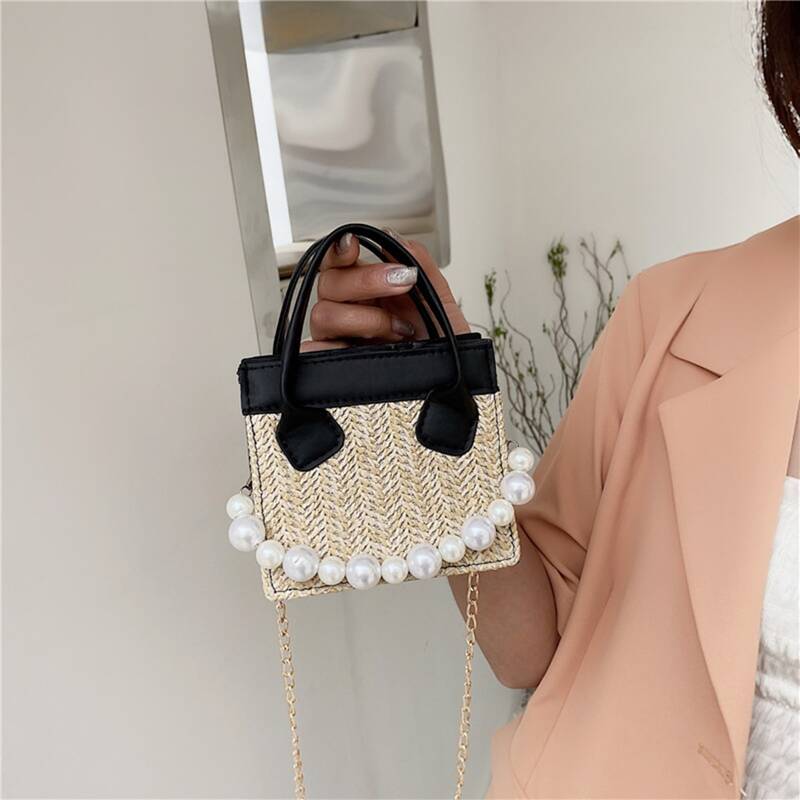 

Faux Pearl Straw Satchel Bag, Black