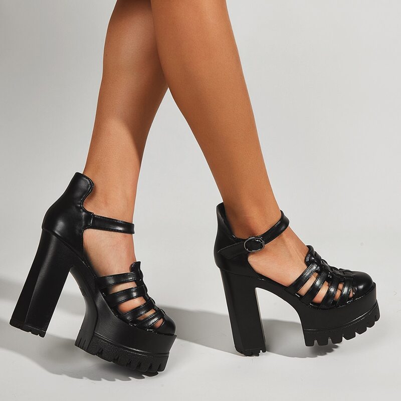 

Cut Out Chunky Heeled Ankle Strap Pumps, Black