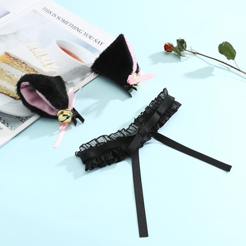 

3pcs Fluffy Hair Clip & Lace Choker, Black