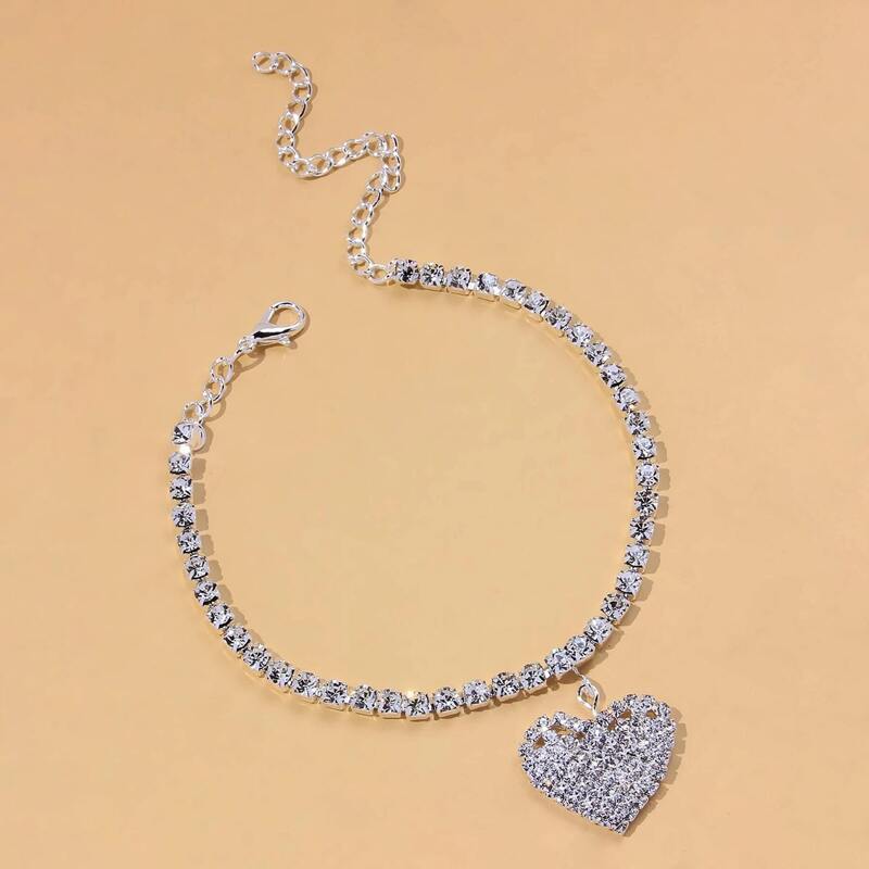

Heart Rhinestone Anklet, Silver