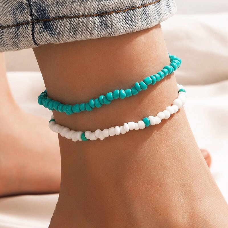 

2pcs Simple Beaded Anklet, Multicolor