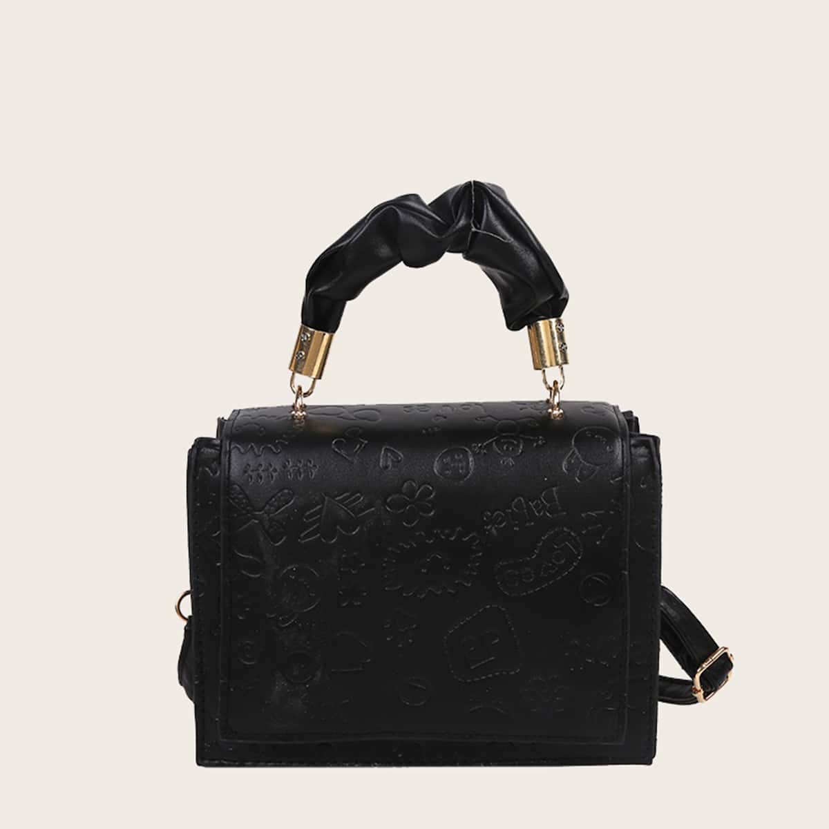 

Cartoon Embossed Satchel Bag, Black