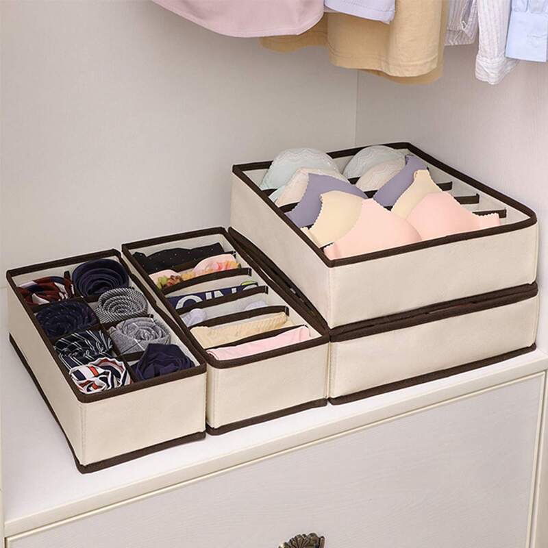

4pcs Multi-grid Underwear Storage Bag, Beige