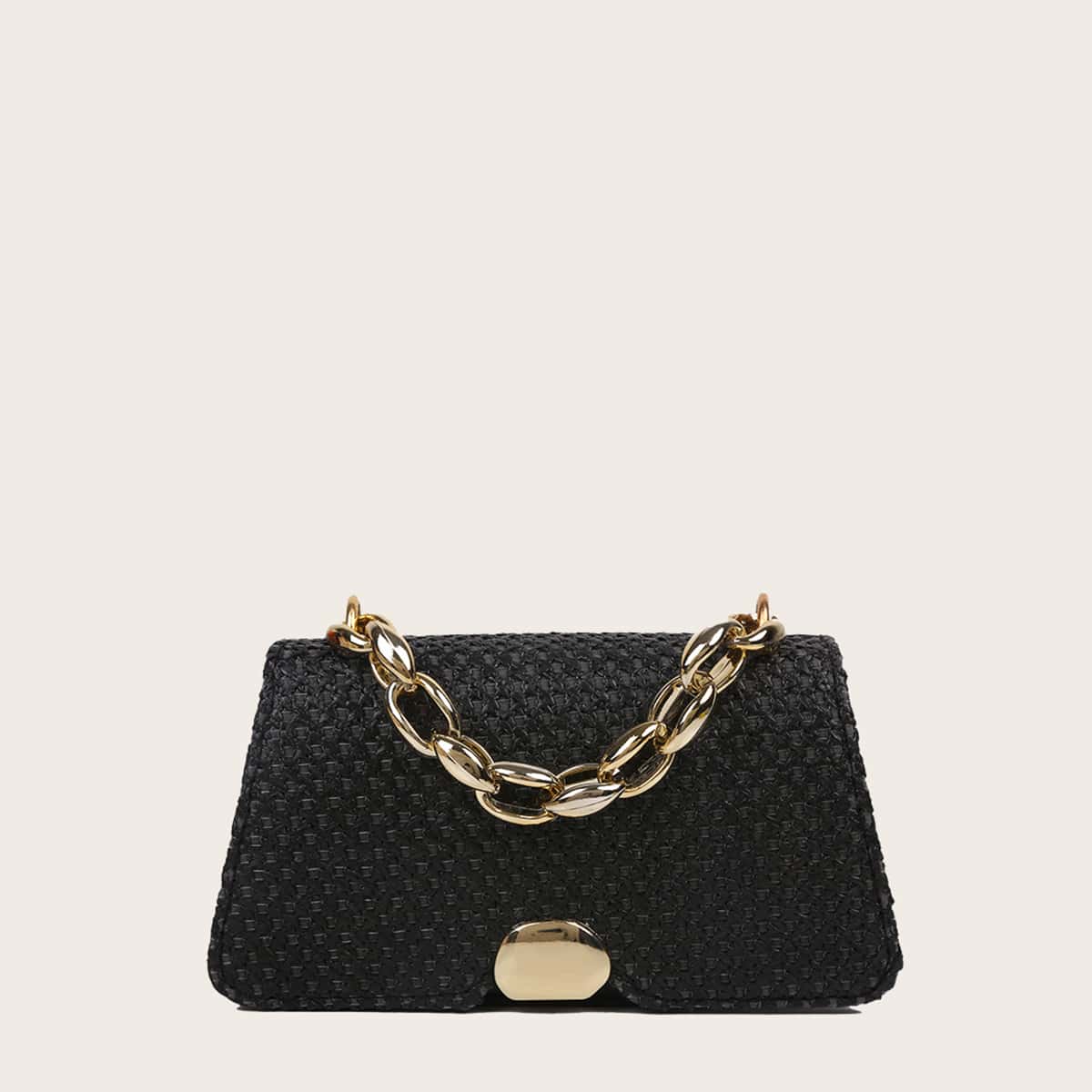 

Straw Chain Satchel Bag, Black
