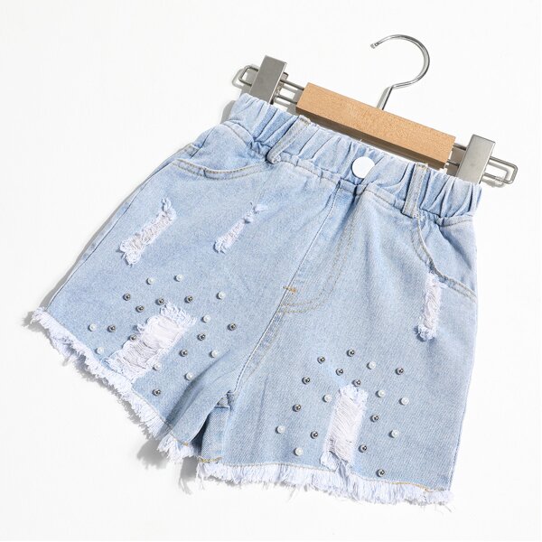 

Girls Ripped Pearls Denim Shorts, Light wash