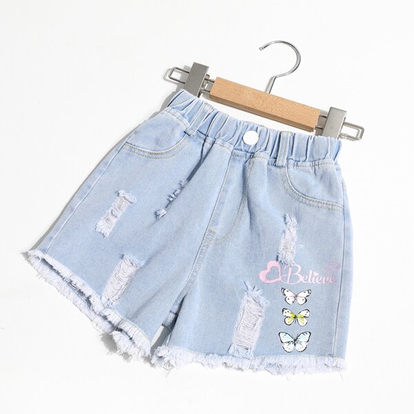 

Girls Butterfly Print Denim Shorts, Light wash