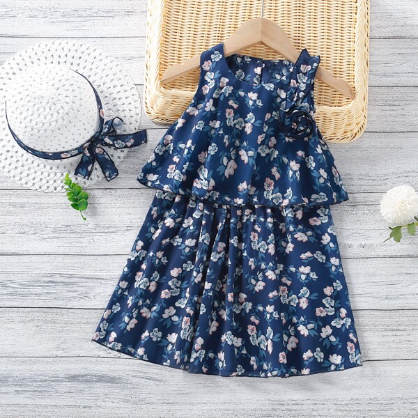 

Toddler Girl Flower Print Keyhole Back Dress, Navy blue