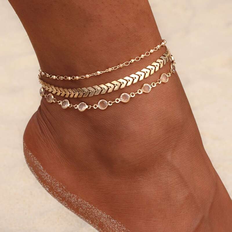 

3pcs Crystal Decor Anklet, Gold