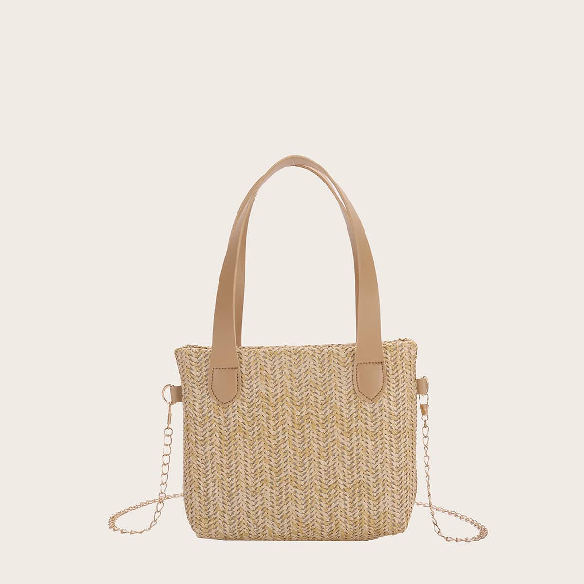 

Straw Chain Satchel Bag, Khaki