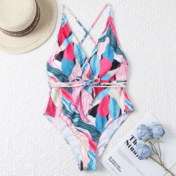 

Leaf Random Print Plunging One Piece Swimsuit, Multicolor