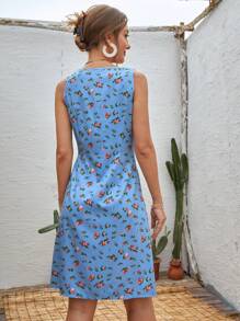 Floral Print Plunge Neck Dress - Blue - View 2