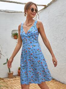 Floral Print Plunge Neck Dress - Blue - View 4
