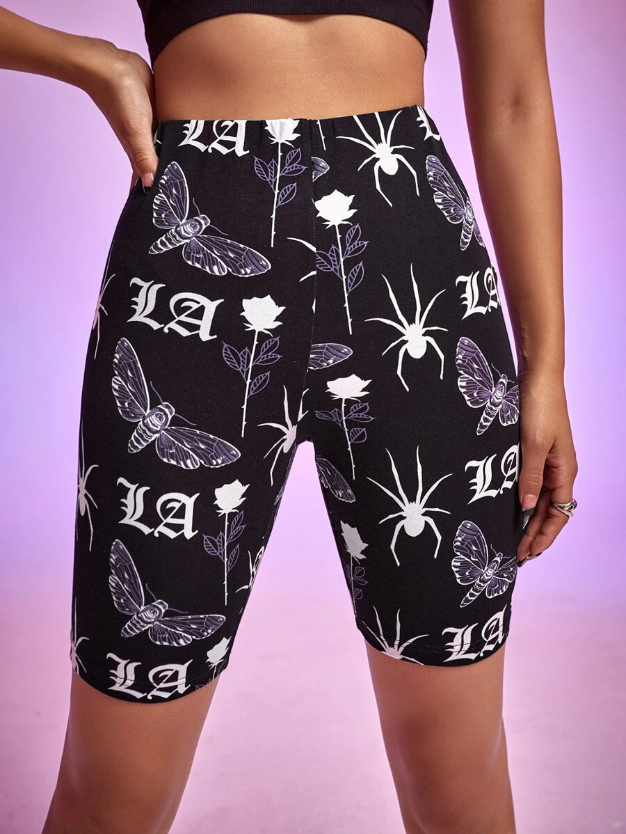 Nora Ink 花卉和動物圖案機車短褲