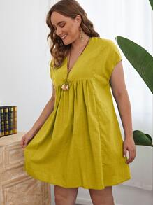 Plus V-neck Cap Sleeve Solid Smock Dress - Mustard Yellow - View 1