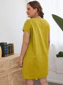 Plus V-neck Cap Sleeve Solid Smock Dress - Mustard Yellow - View 2
