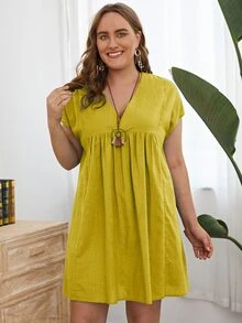 Plus V-neck Cap Sleeve Solid Smock Dress - Mustard Yellow - View 3